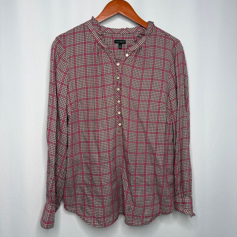 Talbots Pink Brown Plaid Ruffle Neck Lyocell Cotton Henley Blouse Womens Medium